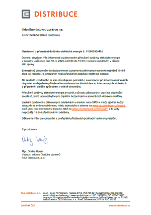 Přerušení dodávky EE - Vrbka 10.3.2025